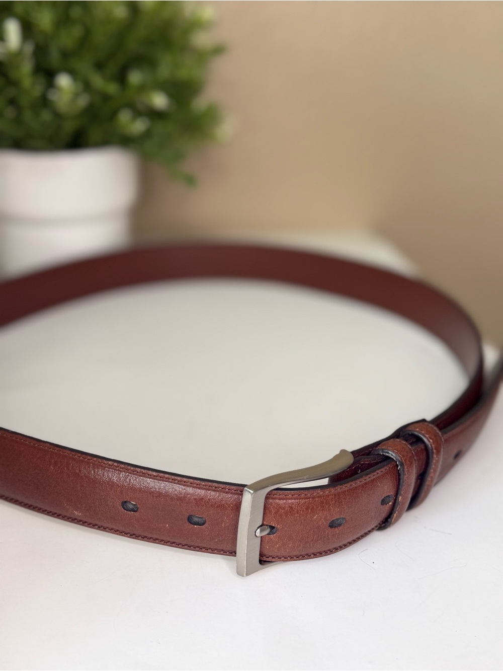 Perry Ellis Men's Brown Leather Belt with Silver Buckle